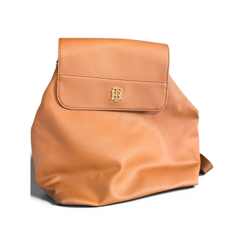 Tommy Hilfiger Tan Faux Leather Mini Backpack Gold Monogram Logo Brown Bag